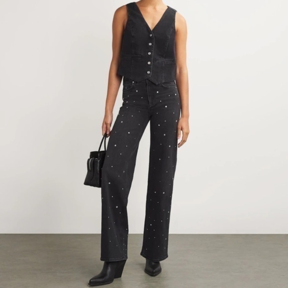 Ohxy Silver Studded Highrise Straight Leg Cropped Cross Over Black Washed Jeans